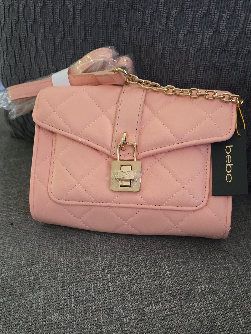 bebe Quilted Peach  Crossbody with Gold Chain 8×6×2.5